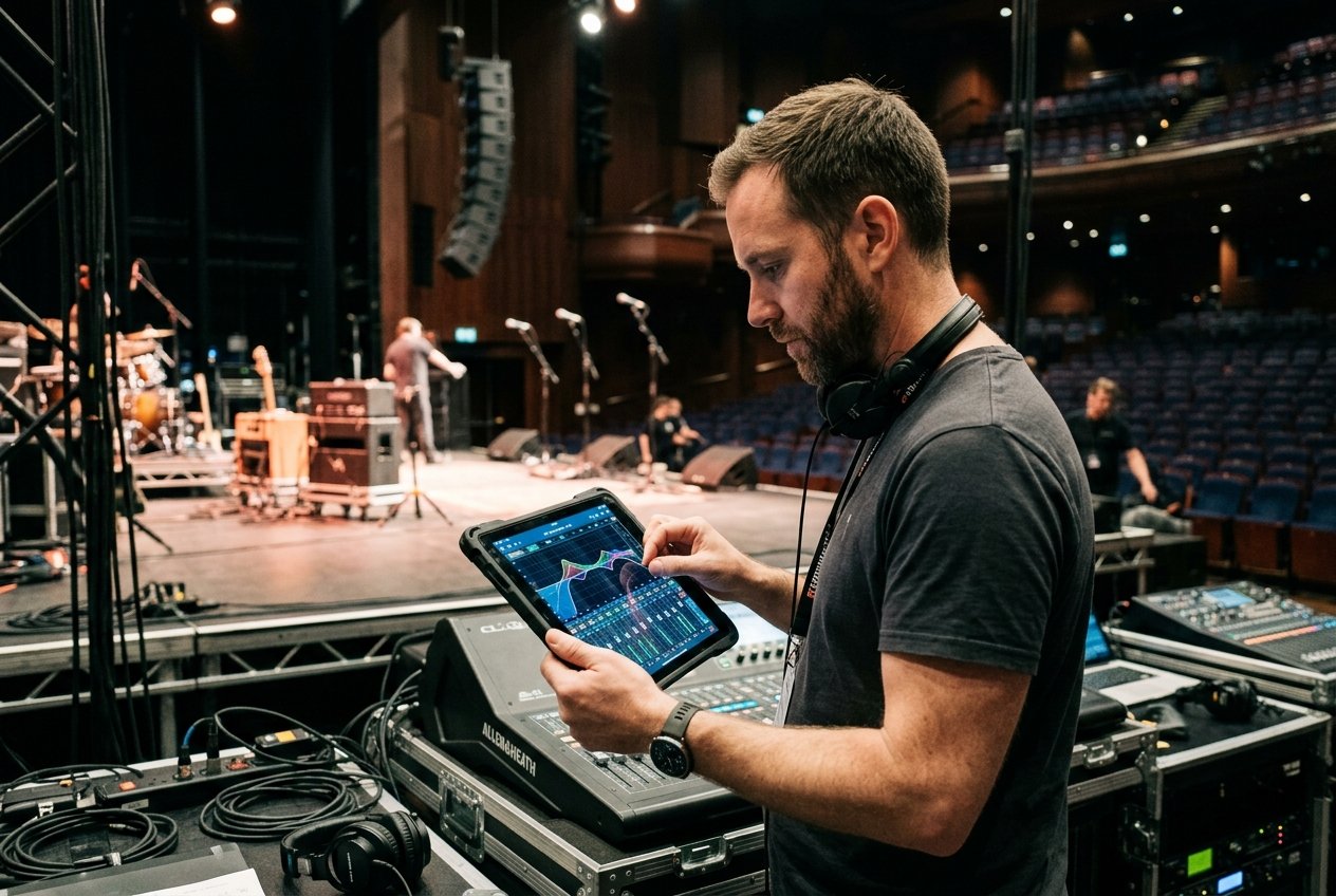 Ingeniero de audio con tablet ecualizando sonido en sala