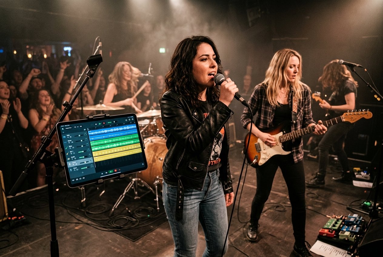 Banda en vivo con iPad en atril y BTracks
