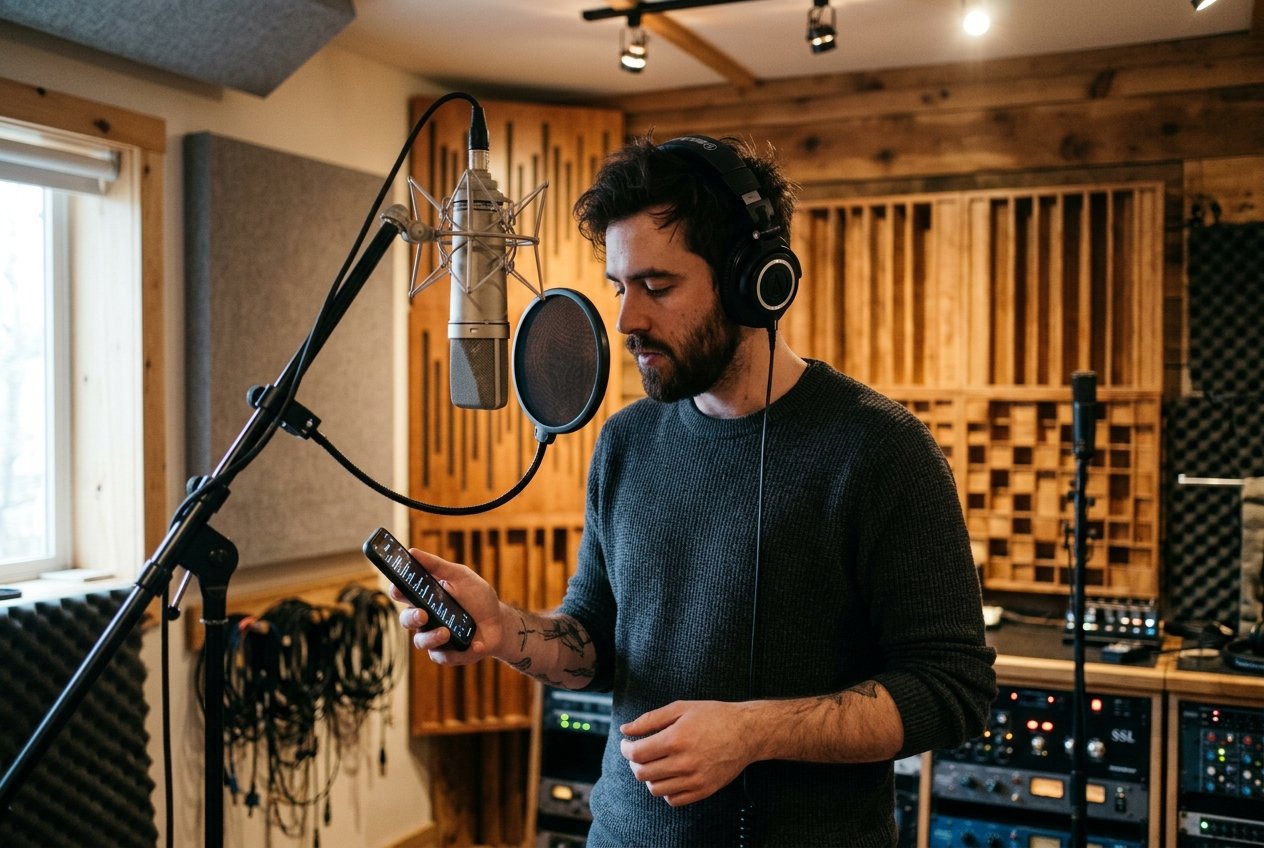 Cantante en estudio de grabación leyendo letras y acordes en teléfono